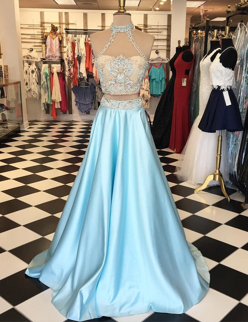 Two Piece High Neck Lace Appliques Light Blue Prom Dress