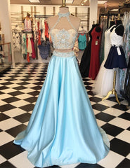 Two Piece High Neck Lace Appliques Light Blue Prom Dress