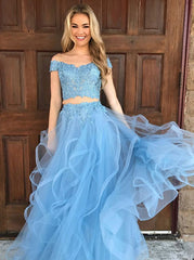 Sky Blue Tulle Two Piece Off-the-Shoulder Prom Dress with Appliques