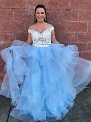 Two Piece Lace Off-the-Shoulder Tiered Blue Tulle Prom Dress