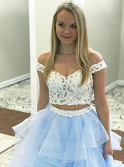Two Piece Lace Off-the-Shoulder Tiered Blue Tulle Prom Dress