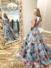 Unique Two Piece Round Neck Floral Blue Satin Prom Dress