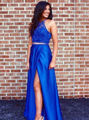 Elastic Satin Slit Two Piece Royal Blue Prom Dress