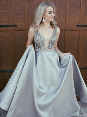 Royal Blue Satin V-Neck Low Cut Prom Dress with Beading