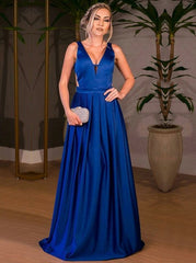 Pleated Royal Blue V-Neck Cut Out Elastic Satin Prom Dress