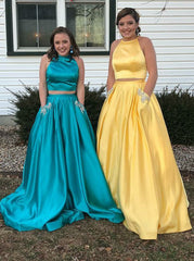 Beading Two Piece Long Turquoise Satin Prom Dress