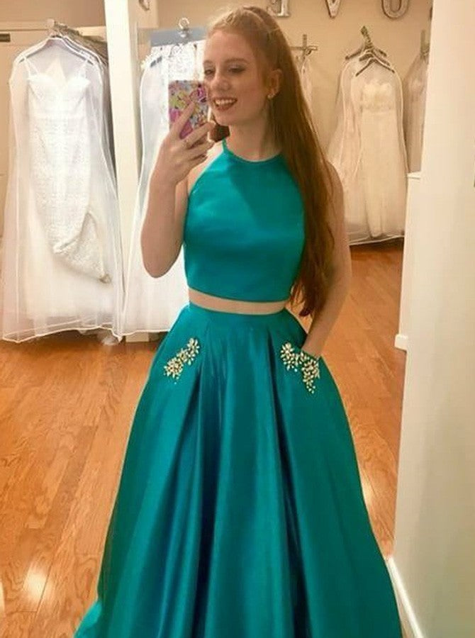 Beading Two Piece Long Turquoise Satin Prom Dress