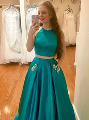 Beading Two Piece Long Turquoise Satin Prom Dress