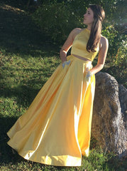 Beading Two Piece Long Turquoise Satin Prom Dress