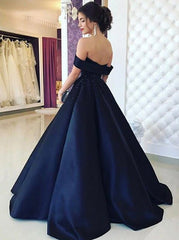 Beading Off-the-Shoulder Pleated Navy Blue Satin Prom Dress