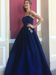 Navy Blue Satin Spaghetti Straps Prom Dress with Pockets Beading