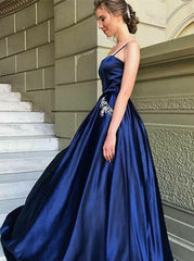Navy Blue Satin Spaghetti Straps Prom Dress with Pockets Beading