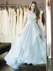 Light Blue Ball Gown Round Neck Tulle Prom Dress