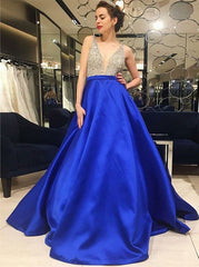 Royal Blue Satin V-Neck Low Cut Prom Dress with Beading