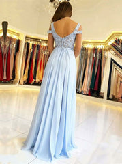 Appliques Cold Shoulder Light Blue Chiffon Prom Dress