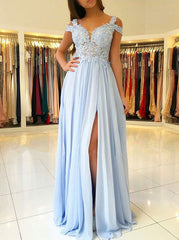 Appliques Cold Shoulder Light Blue Chiffon Prom Dress