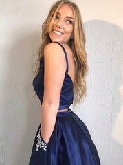 Two Piece White Satin Prom Dress with Beading Pockets