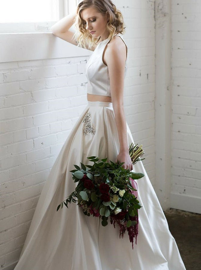 Two Piece White Satin Prom Dress with Beading Pockets