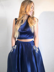 Two Piece White Satin Prom Dress with Beading Pockets