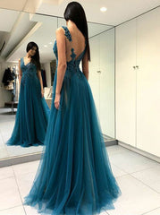 High Slit V-Neck Appliques Beading Turquoise Tulle Prom Dress