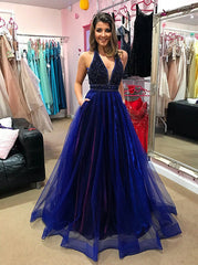 Beading Pockets Blue Organza A-Line V-Neck Low Cut Prom Dress
