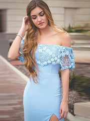 Lace Split Sheath Off-the-Shoulder Light Blue Prom Dress