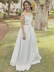Light Blue Satin Two Piece Cold Shoulder Prom Dress