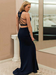 Navy Blue Satin Two Piece Cross V-Neck Prom Dress with Lace Split