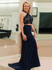 Navy Blue Satin Two Piece Cross V-Neck Prom Dress with Lace Split