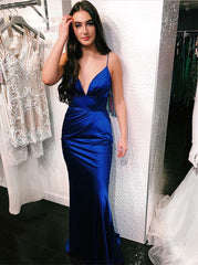 Royal Blue Satin Sheath Spaghetti Straps Prom Dress