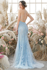 Mermaid Blue Long Prom Dress Backless Evening Dress