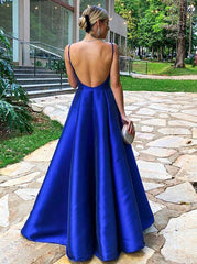 Royal Blue A-Line Spaghetti Straps Satin Prom Party Dress
