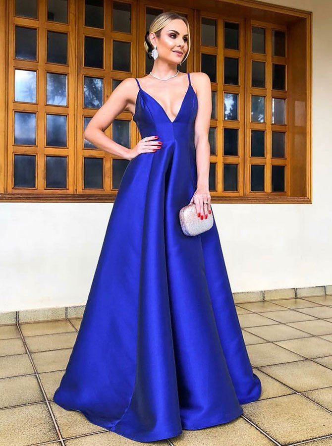 Royal Blue A-Line Spaghetti Straps Satin Prom Party Dress