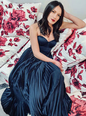 Pleated Navy Blue Satin A-Line Spaghetti Straps Prom Party Dress