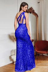 Glitter Royal Blue Mermaid One Shoulder Sequins Prom Dress With Slit