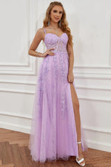 Wholesale Purple A-Line Spaghetti Straps Zipper Back Long Prom Dress With Appliques prom dresses with long sleeves