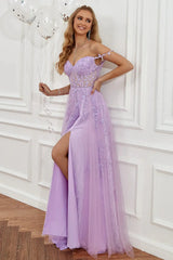 Wholesale Purple A-Line Spaghetti Straps Zipper Back Long Prom Dress With Appliques prom dresses with long sleeves