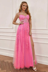 Wholesale Hot Pink A-Line Spaghetti Straps Zipper Back Long Prom Dress With Appliques prom dresses with long sleeves