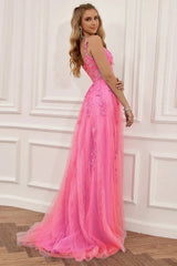 Wholesale Hot Pink A-Line Spaghetti Straps Zipper Back Long Prom Dress With Appliques prom dresses with long sleeves