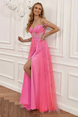 Wholesale Hot Pink A-Line Spaghetti Straps Zipper Back Long Prom Dress With Appliques prom dresses with long sleeves