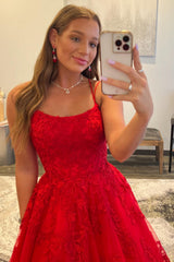 Red Leaf Lace Ball Gown Long Prom Dresses with Pearls