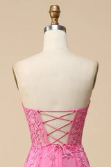 Pink Corset Sweetheart Long Lace Mermaid Prom Dress with Slit