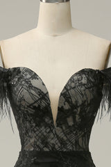 Mermaid Off the Shoulder Black Long Prom Dress with Feather