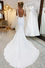 Mermaid V Neck Satin White Wedding Dresses
