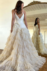Pink A-Line Deep V Neck Tiered Long Prom Dress With Slit Sexy