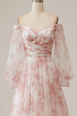 Ivory Flower A-Line Off The Shoulder Print Wedding Dress With Slit Prom Dresses