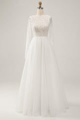 Ivory A-Line Backless Long Sleeves Long Wedding Dress with Lace Open Back