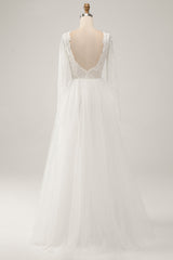 Ivory A-Line Backless Long Sleeves Long Wedding Dress with Lace Open Back