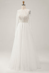 Ivory A-Line Backless Long Sleeves Long Wedding Dress with Lace Open Back