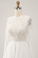 Ivory A-Line Backless Long Sleeves Long Wedding Dress with Lace Open Back